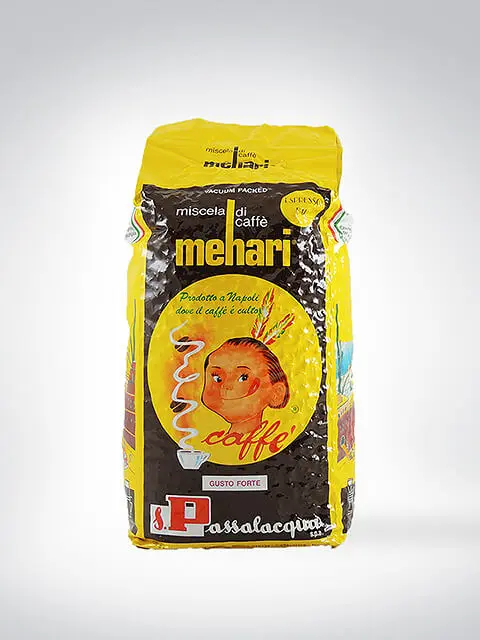 Packung Mehari Kaffee von Passalacqua mit gelbem, rot gestaltetem Design, 1 kg