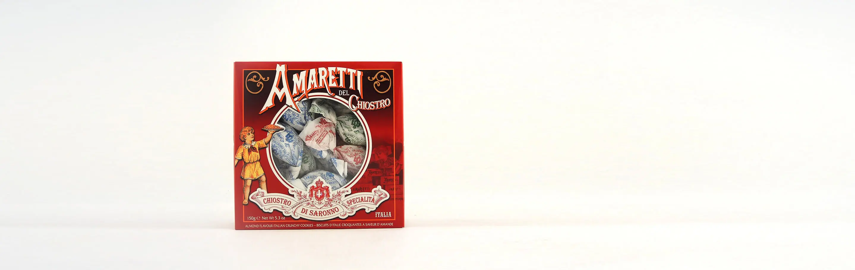 Verpackung von Amaretti del Chiostro italienische Mandelkekse, 150g, auf weißem Hintergrund