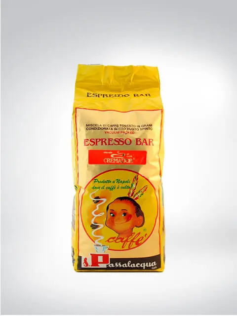 Packung Passalacqua Espresso Bar Kaffee, 1kg, mit gelber Verpackung und Kindermotiv