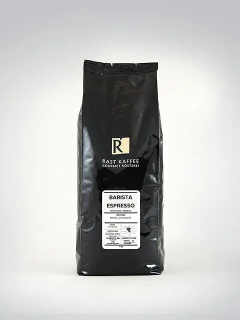 Schwarze Verpackung von Rast Kaffee Barista Espresso mit goldener Aufschrift und Etikett