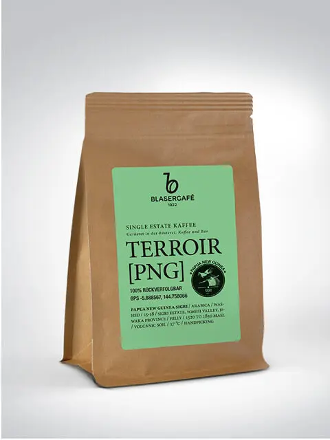 Verpackung des Blasercafé Terroir PNG Single Estate Kaffees, 250 Gramm, mit grünem Etikett.